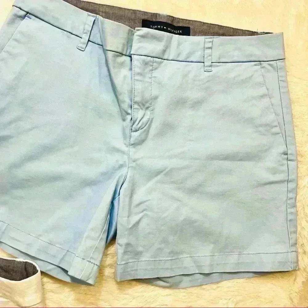 2 Pair of Tommy Hilfiger‎ White & Blue Chino Flat Front Shorts Size 6 & 8